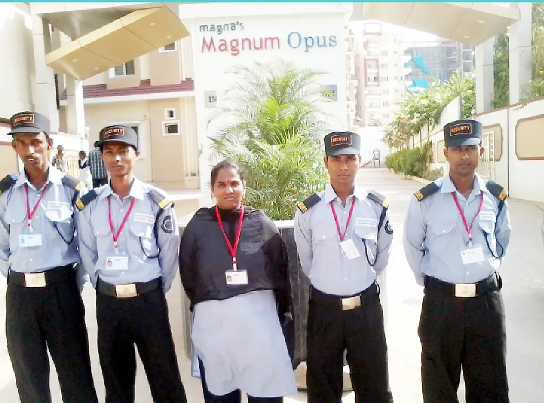 A deployed Black Commandos guard team, including a female guard, at a client building in Hyderabad
